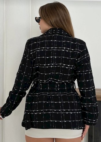 Düğmeli Siyah Kareli Mini Blazer - Görsel 3