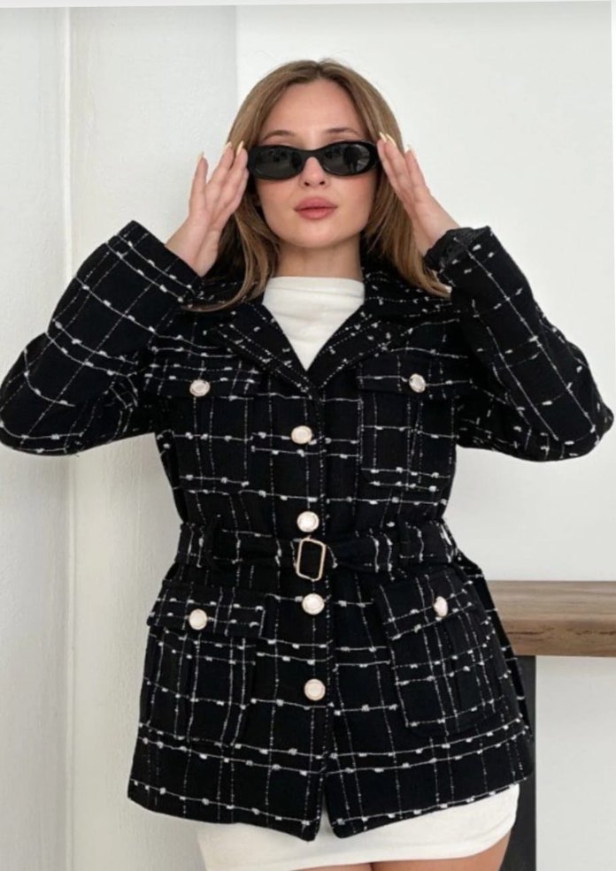 Düğmeli Siyah Kareli Mini Blazer - Görsel 2