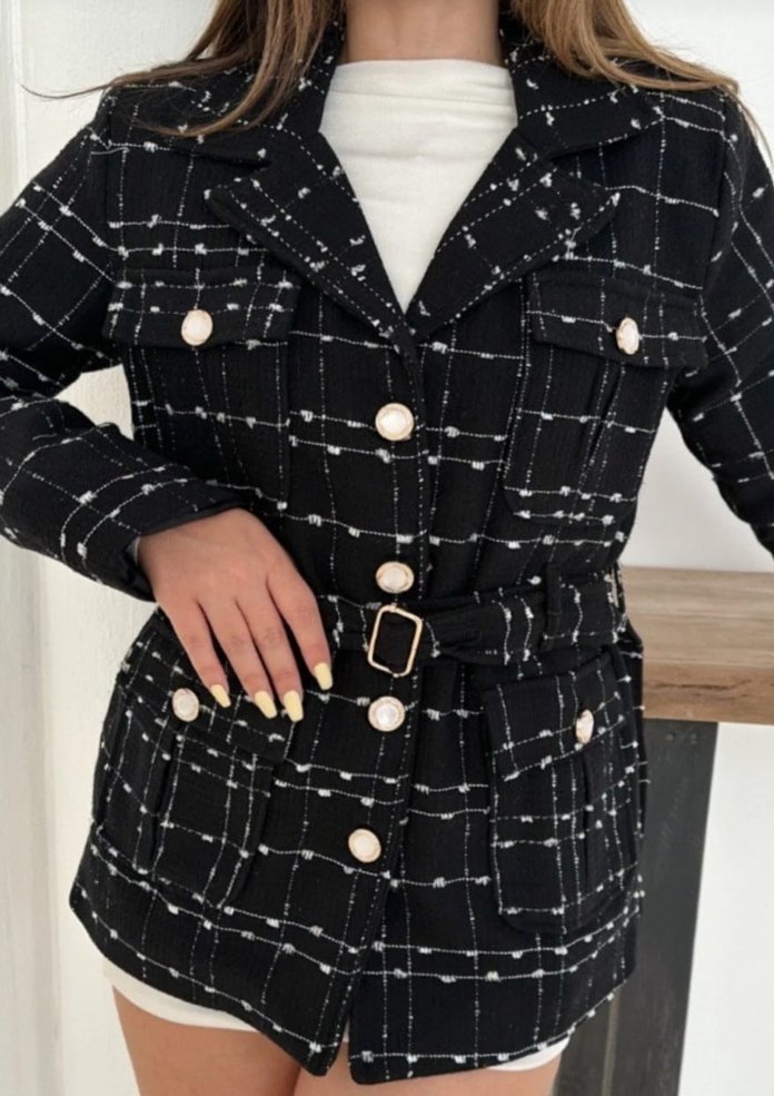 Düğmeli Siyah Kareli Mini Blazer - Görsel 4