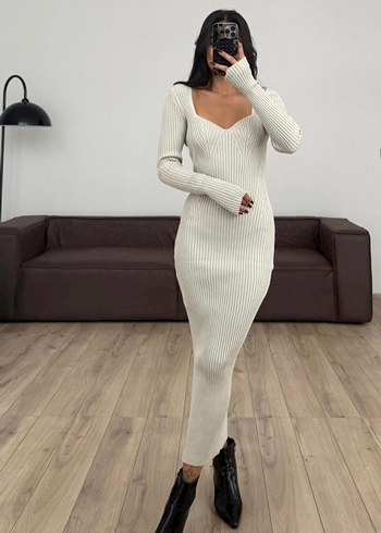 V Yaka Triko Uzun Kadın Elbise - Görsel 2