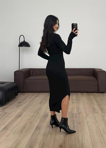 V Yaka Triko Uzun Kadın Elbise - Görsel 5