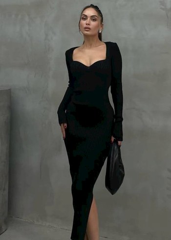 V Yaka Triko Uzun Kadın Elbise - Görsel 6