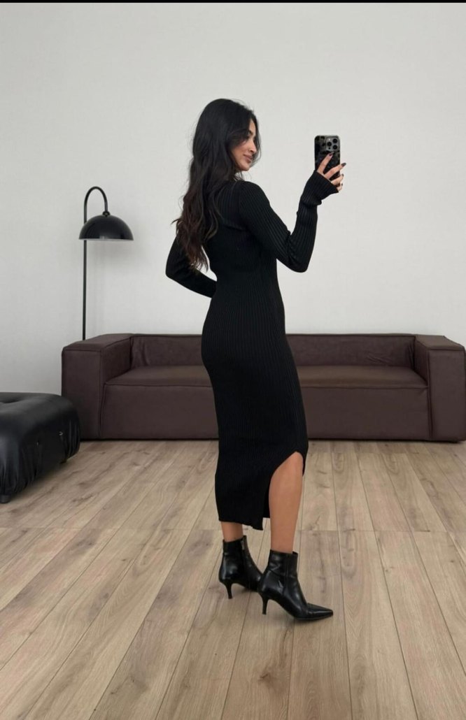 V Yaka Triko Uzun Kadın Elbise - Görsel 5