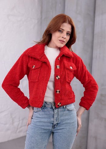 Düğmeli Turkuaz Kısa Kadın Ceket - Görsel 6