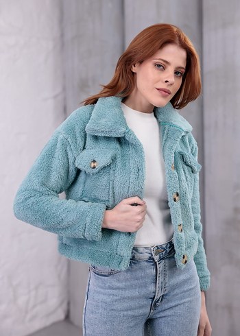 Düğmeli Turkuaz Kısa Kadın Ceket - Görsel 4