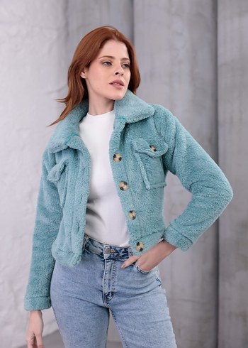 Düğmeli Turkuaz Kısa Kadın Ceket - Görsel 2