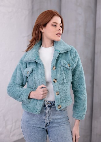 Düğmeli Turkuaz Kısa Kadın Ceket - Görsel 3