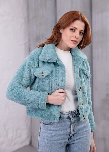 Düğmeli Turkuaz Kısa Kadın Ceket - Görsel 5