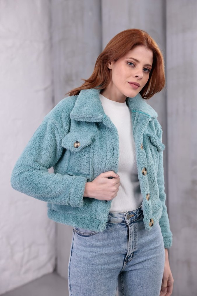 Düğmeli Turkuaz Kısa Kadın Ceket - Görsel 4