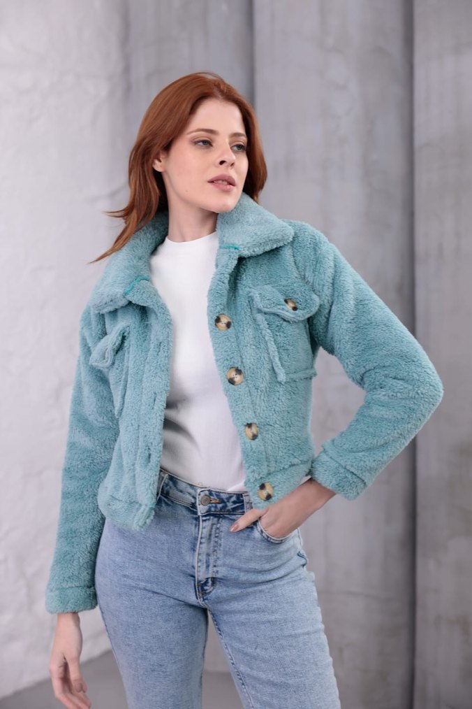 Düğmeli Turkuaz Kısa Kadın Ceket - Görsel 2