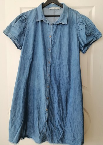 Mavi Kısa Kollu Denim kot Midi Elbise