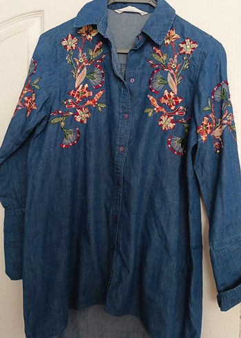 Nakışlı Lacivert Denim Gömlek Midi Boy