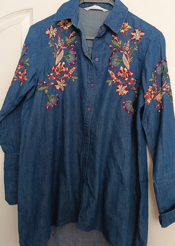 Zara Nakışlı Lacivert Denim Gömlek Midi Boy