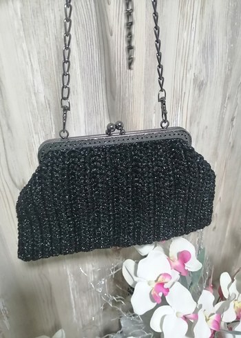 Zincir Detaylı Siyah Vintage Örgü Çanta