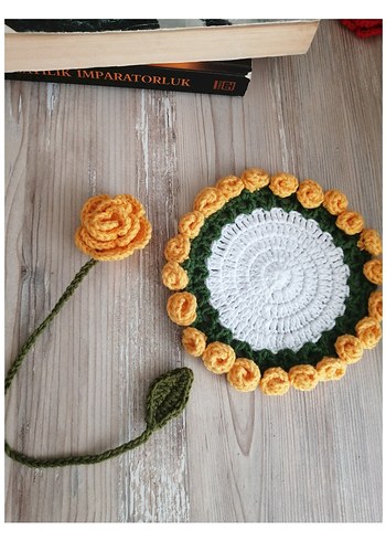 Gül Kitap Ayracı örgü bardak altlığı hediyelik hobi aksesuar - Görsel 6