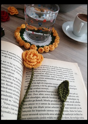 Gül Kitap Ayracı örgü bardak altlığı hediyelik hobi aksesuar - Görsel 5