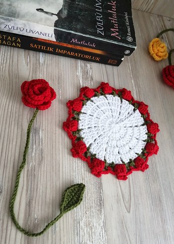 Gül Kitap Ayracı örgü bardak altlığı hediyelik hobi aksesuar - Görsel 3