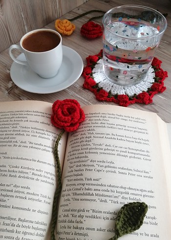 Gül Kitap Ayracı örgü bardak altlığı hediyelik hobi aksesuar - Görsel 4