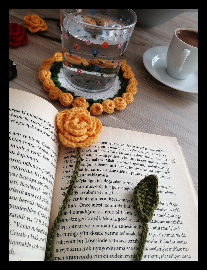 Gül Kitap Ayracı örgü bardak altlığı hediyelik hobi aksesuar - Görsel 5