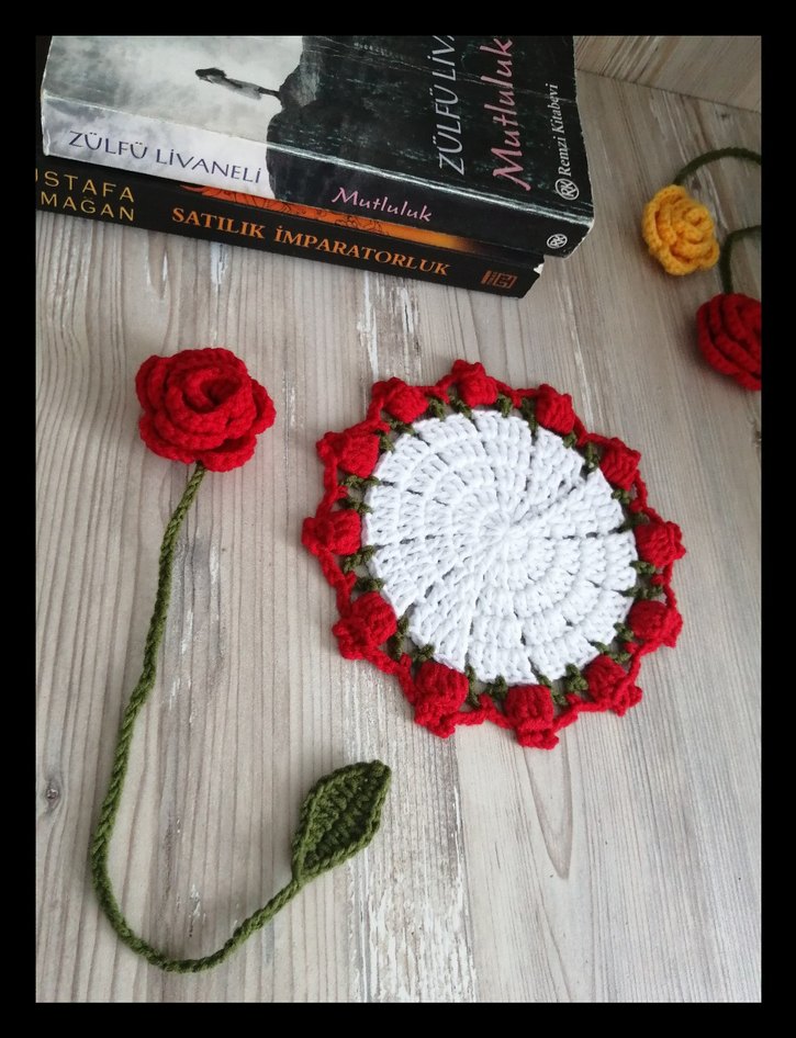 Gül Kitap Ayracı örgü bardak altlığı hediyelik hobi aksesuar - Görsel 2