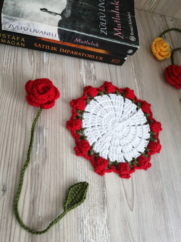 Gül Kitap Ayracı örgü bardak altlığı hediyelik hobi aksesuar - Görsel 3