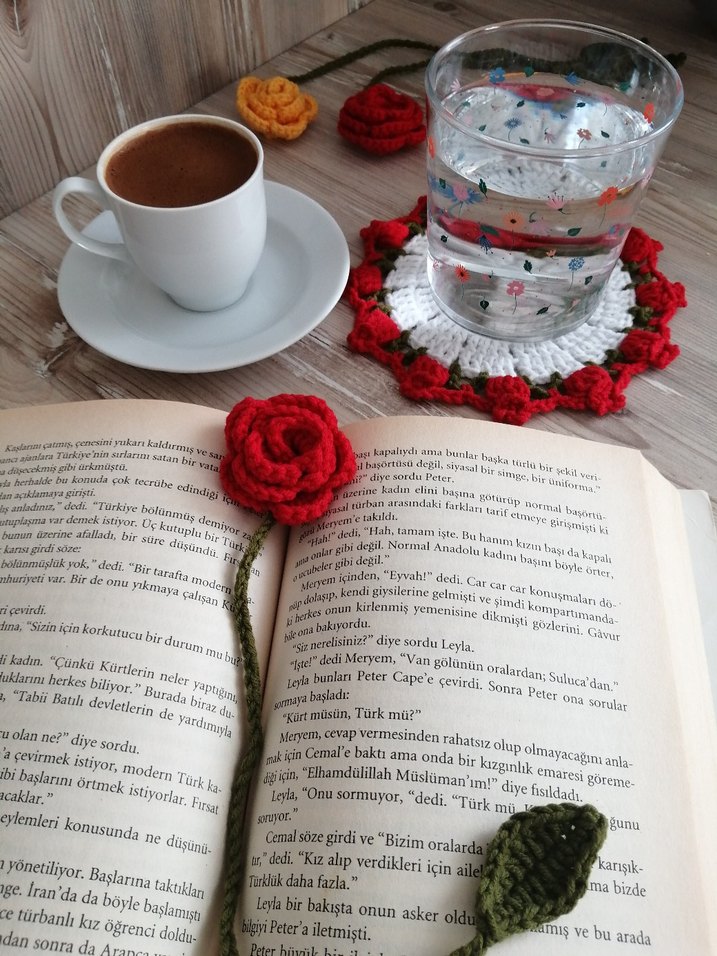 Gül Kitap Ayracı örgü bardak altlığı hediyelik hobi aksesuar - Görsel 4
