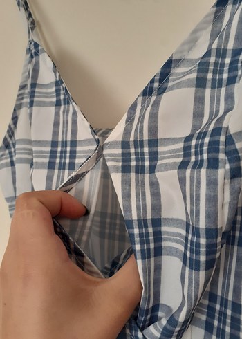 Mavi Kareli Askılı Midi Elbise - Görsel 4