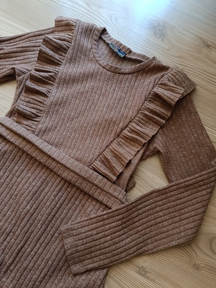 Uzun Kollu Kahverengi Triko Elbise - Görsel 2