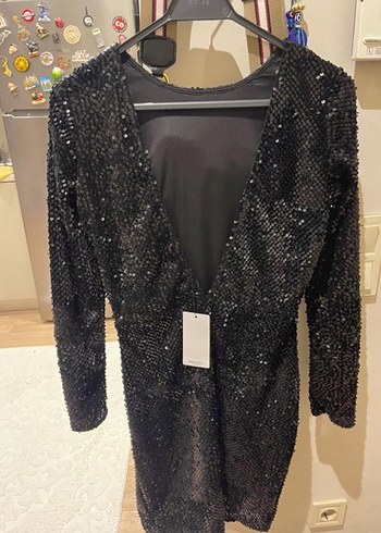 Kadın Siyah Payetli Uzun Kollu Mini Elbise - Görsel 3