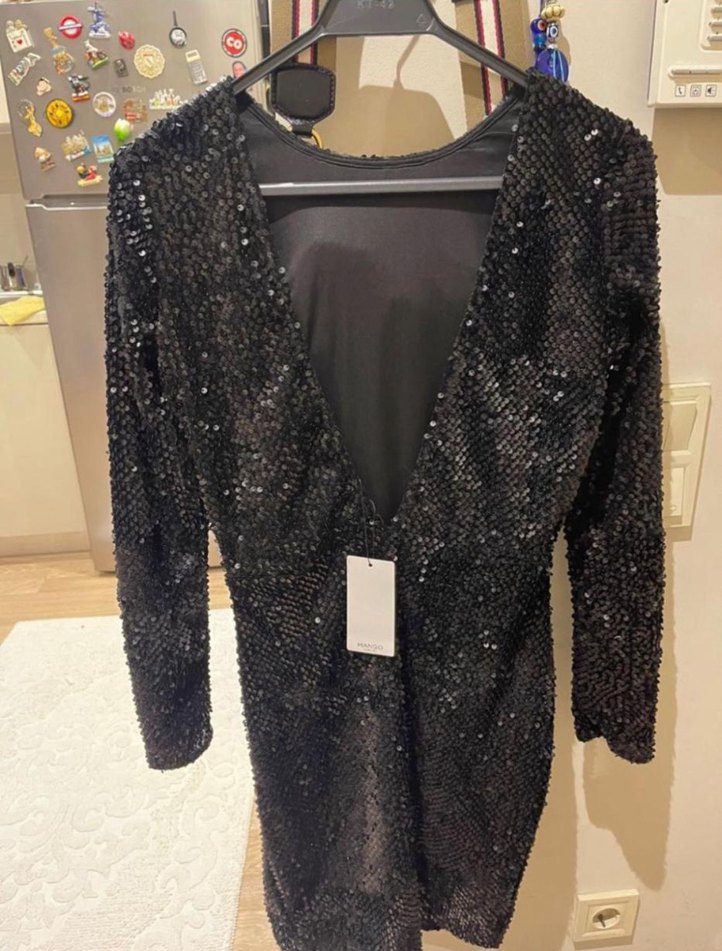 Kadın Siyah Payetli Uzun Kollu Mini Elbise - Görsel 3