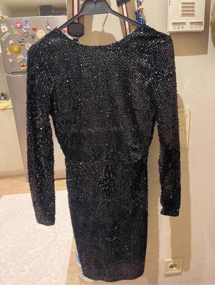Kadın Siyah Payetli Uzun Kollu Mini Elbise - Görsel 2