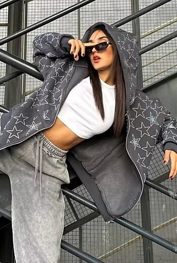 Butigo yıldız taşlı fermuarlı hoodie antrasit