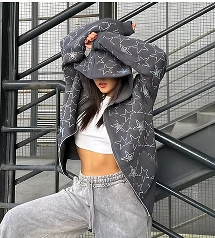 yıldız taşlı fermuarlı hoodie antrasit
