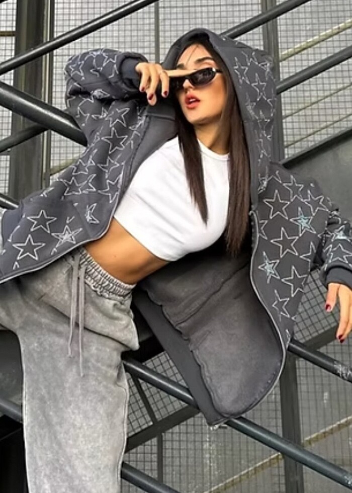 yıldız taşlı fermuarlı hoodie antrasit - Görsel 2