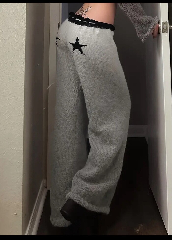 y2k arkası yıldız örme pantolon - Görsel 2