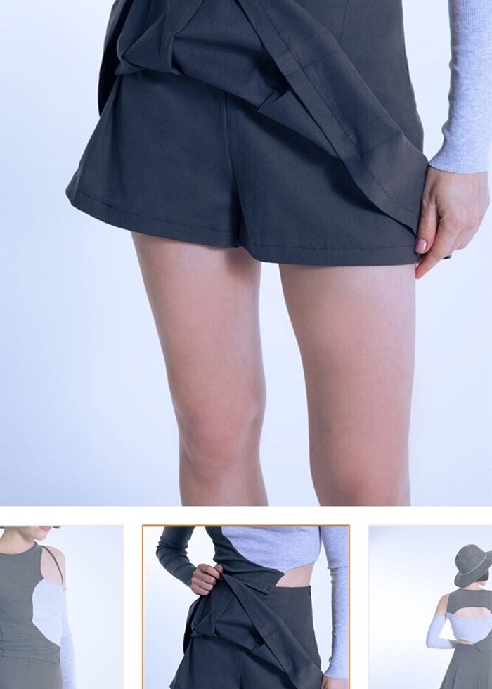 berfuğ kıran pileli şort etek kumaş gri - Görsel 3