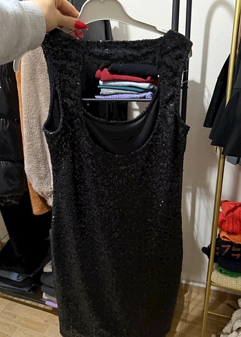 Siyah Kolsuz Midi Payetli  Abiye Elbise - Görsel 2