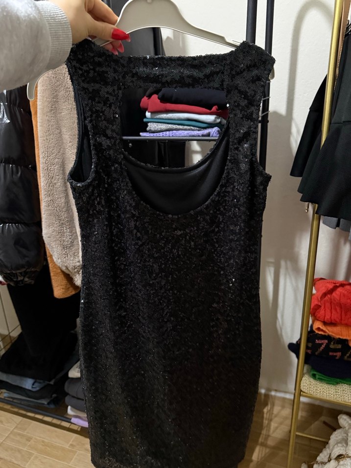 Siyah Kolsuz Midi Payetli  Abiye Elbise - Görsel 2