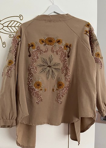 38 Beden camel Renk Bej Nakışlı Bohem Kadın Kimono