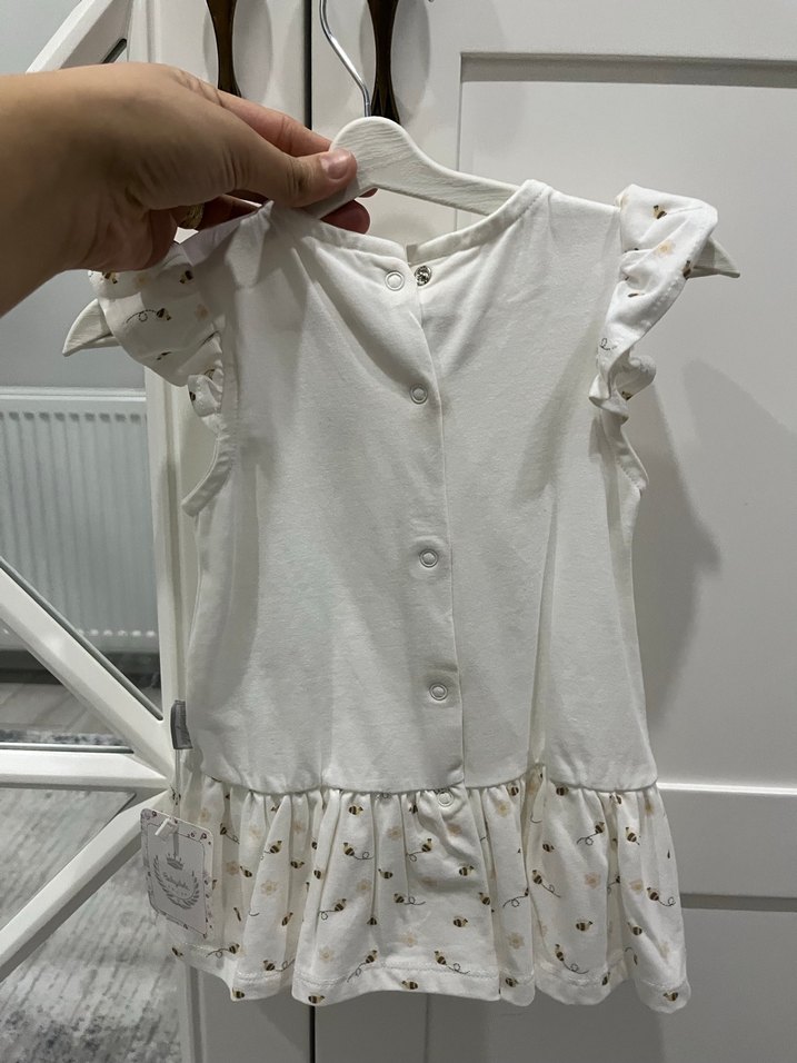 Kız Çocuk Beyaz Baskılı Keten Elbise - Görsel 3