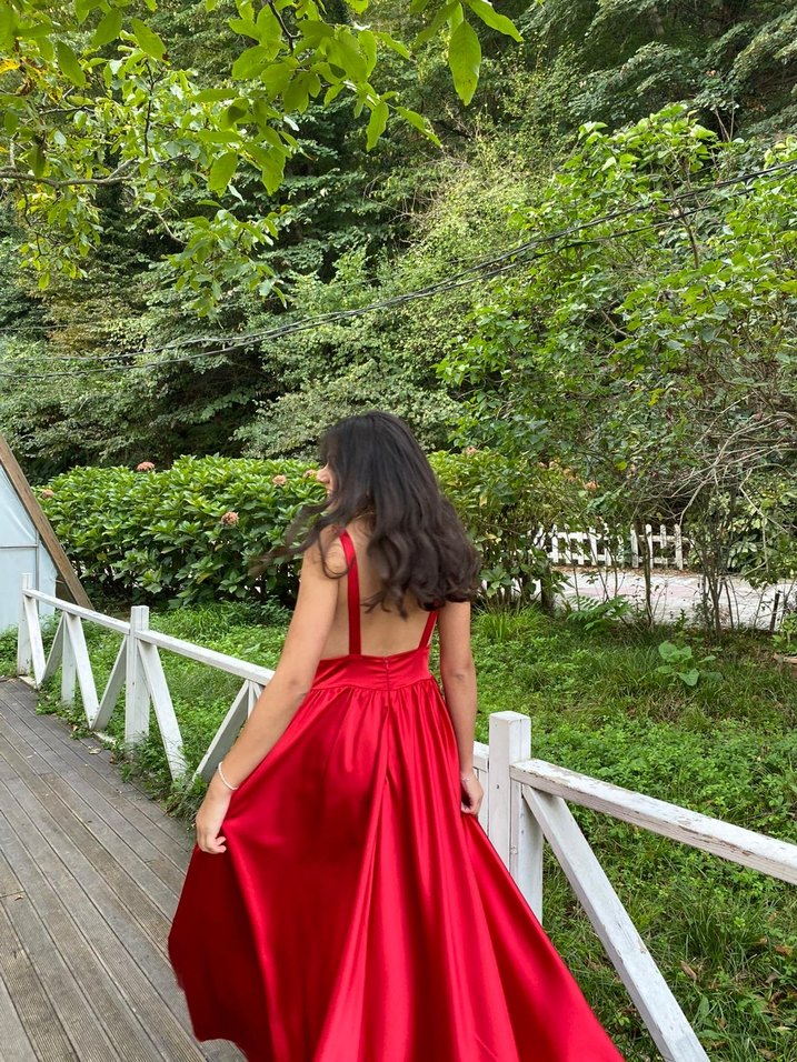 Kırmızı V Yaka Uzun Drapeli Abiye - Görsel 4