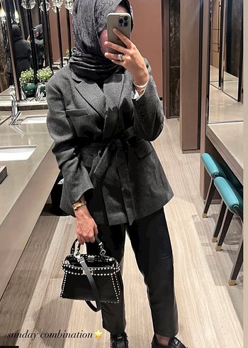 Gri Kemerli Midi Kadın Blazer Ceket - Görsel 2