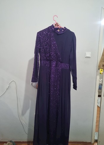 Mor Uzun Kollu Gotik Abiye Elbise - Görsel 2