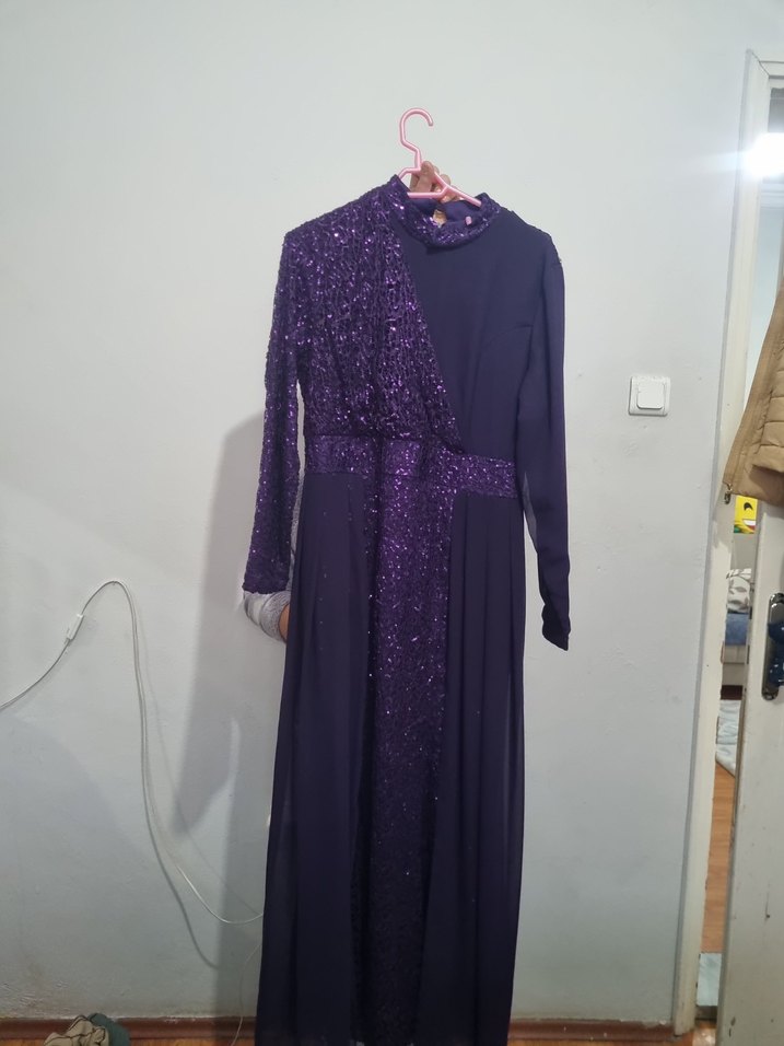 Mor Uzun Kollu Gotik Abiye Elbise - Görsel 2