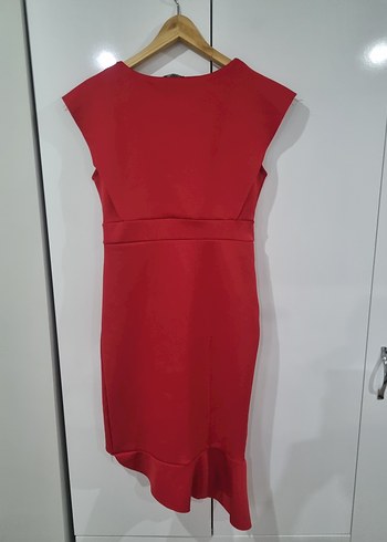 Kırmızı Midi V Yaka Fırfırlı Kadın Elbise - Görsel 4