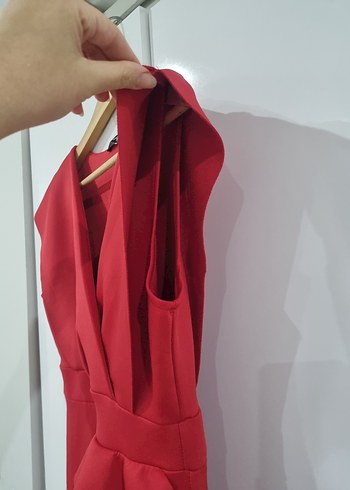 Kırmızı Midi V Yaka Fırfırlı Kadın Elbise - Görsel 5