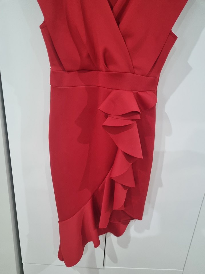 Kırmızı Midi V Yaka Fırfırlı Kadın Elbise - Görsel 2