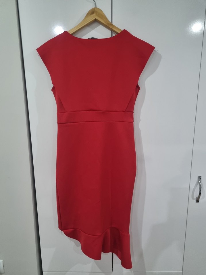 Kırmızı Midi V Yaka Fırfırlı Kadın Elbise - Görsel 4