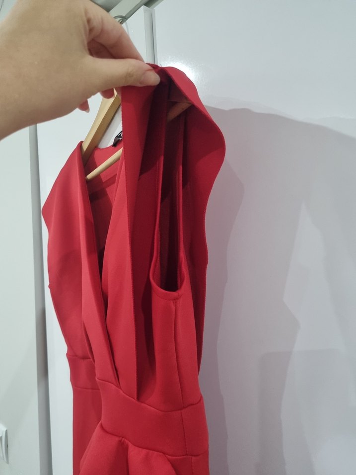 Kırmızı Midi V Yaka Fırfırlı Kadın Elbise - Görsel 5