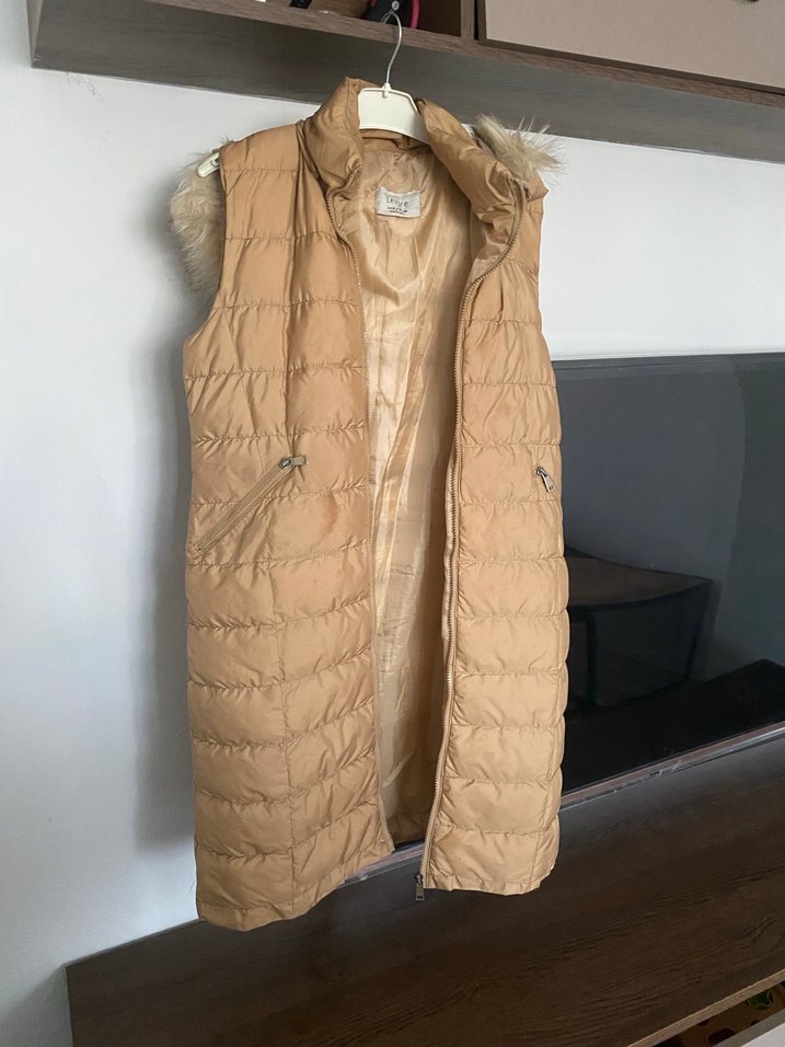 Kürklü Bej Kadın Midi Şişme Yelek - Görsel 2